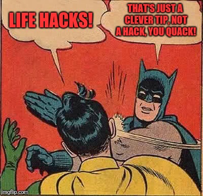 Batman Slapping Robin | LIFE HACKS! THAT'S JUST A CLEVER TIP, NOT A HACK, YOU QUACK! | image tagged in memes,batman slapping robin | made w/ Imgflip meme maker