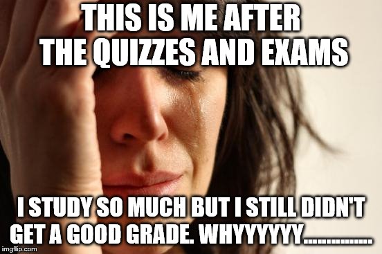 First World Problems | THIS IS ME AFTER THE QUIZZES AND EXAMS; I STUDY SO MUCH BUT I STILL DIDN'T GET A GOOD GRADE. WHYYYYYY............... | image tagged in memes,first world problems | made w/ Imgflip meme maker