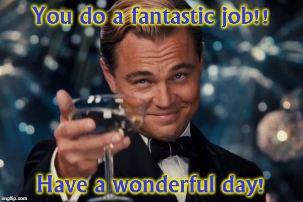 Leonardo Dicaprio Cheers Meme | You do a fantastic job!! Have a wonderful day! | image tagged in memes,leonardo dicaprio cheers | made w/ Imgflip meme maker