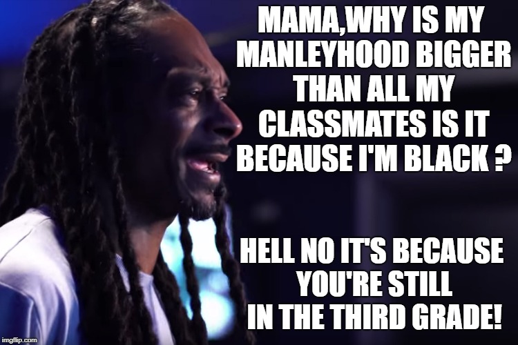 Mama,why is my manleyhood bigger than all my classmates | MAMA,WHY IS MY MANLEYHOOD BIGGER THAN ALL MY CLASSMATES IS IT BECAUSE I'M BLACK ? HELL NO IT'S BECAUSE YOU'RE STILL IN THE THIRD GRADE! | image tagged in snoop dogg,funny | made w/ Imgflip meme maker