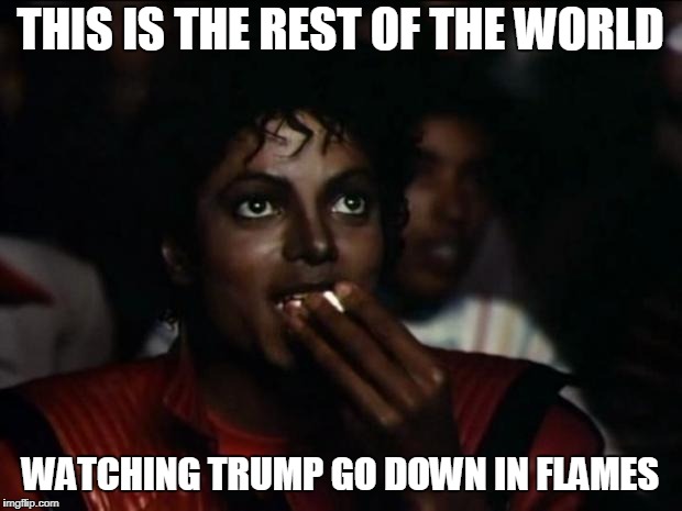 Michael Jackson Popcorn Meme | THIS IS THE REST OF THE WORLD; WATCHING TRUMP GO DOWN IN FLAMES | image tagged in memes,michael jackson popcorn | made w/ Imgflip meme maker