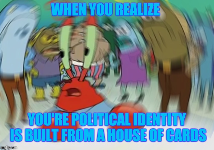 Love it when people argue politics from a dubious and weak position | WHEN YOU REALIZE; YOU'RE POLITICAL IDENTITY IS BUILT FROM A HOUSE OF CARDS | image tagged in memes,mr krabs blur meme | made w/ Imgflip meme maker