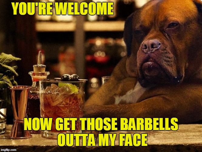 YOU'RE WELCOME NOW GET THOSE BARBELLS OUTTA MY FACE | made w/ Imgflip meme maker