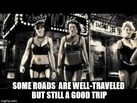 roadtrip | SOME ROADS  ARE WELL-TRAVELED BUT STILL A GOOD TRIP | image tagged in girl,girls | made w/ Imgflip meme maker