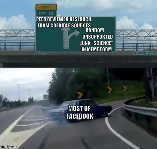 Left Exit 12 Off Ramp Meme | PEER REVIEWED RESEARCH FROM CREDIBLE SOURCES; RANDOM      UNSUPPORTED JUNK "SCIENCE" IN MEME FORM; MOST OF FACEBOOK | image tagged in memes,left exit 12 off ramp | made w/ Imgflip meme maker