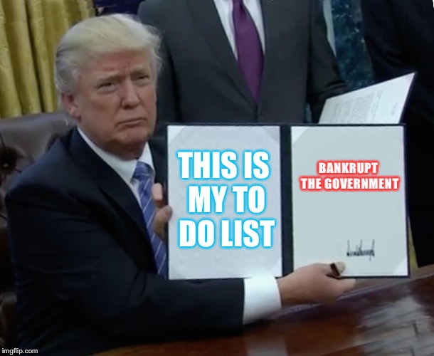 Trump Bill Signing | THIS IS MY TO DO LIST; BANKRUPT THE GOVERNMENT | image tagged in memes,trump bill signing | made w/ Imgflip meme maker
