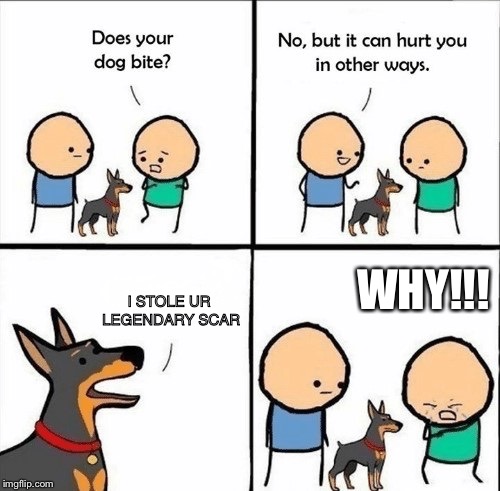 does your dog bite | I STOLE UR LEGENDARY SCAR; WHY!!! | image tagged in does your dog bite | made w/ Imgflip meme maker