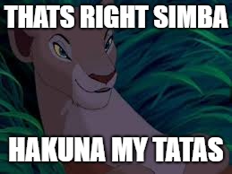 When you realize simba and nala are cousins... | THATS RIGHT SIMBA; HAKUNA MY TATAS | image tagged in nala,lion king,memes,simba,simba shadowy place | made w/ Imgflip meme maker