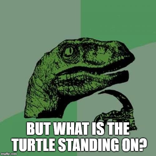 Philosoraptor Meme | BUT WHAT IS THE TURTLE STANDING ON? | image tagged in memes,philosoraptor | made w/ Imgflip meme maker