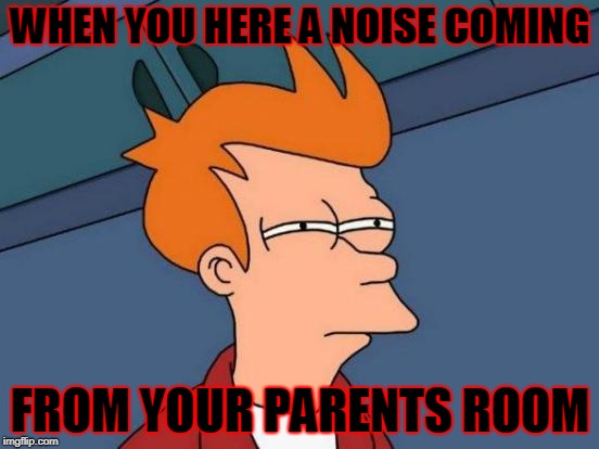 Futurama Fry Meme | WHEN YOU HERE A NOISE COMING; FROM YOUR PARENTS ROOM | image tagged in memes,futurama fry | made w/ Imgflip meme maker