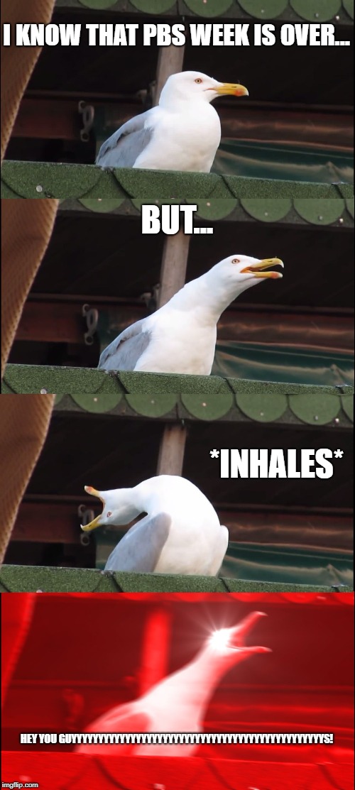 End of PBS Week :( | I KNOW THAT PBS WEEK IS OVER... BUT... *INHALES*; HEY YOU GUYYYYYYYYYYYYYYYYYYYYYYYYYYYYYYYYYYYYYYYYYYYYYYYS! | image tagged in memes,inhaling seagull | made w/ Imgflip meme maker