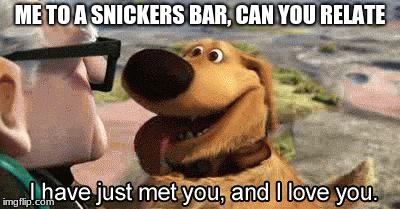 Doug from Up | ME TO A SNICKERS BAR, CAN YOU RELATE | image tagged in doug from up | made w/ Imgflip meme maker