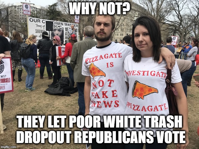 Save the kids | WHY NOT? THEY LET POOR WHITE TRASH DROPOUT REPUBLICANS VOTE | image tagged in save the kids | made w/ Imgflip meme maker