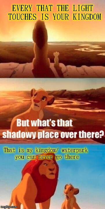 Simba Shadowy Place | EVERY THAT THE LIGHT TOUCHES IS YOUR KINGDOM; That is my kingdom/ waterpark you can never go there | image tagged in memes,simba shadowy place | made w/ Imgflip meme maker