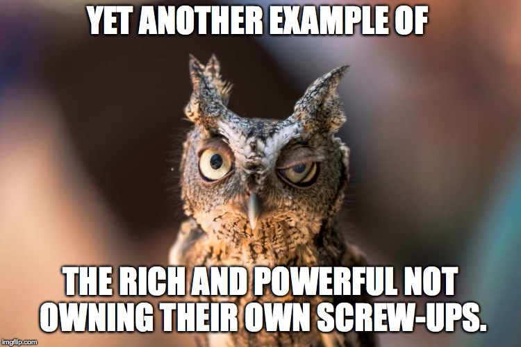 YET ANOTHER EXAMPLE OF THE RICH AND POWERFUL NOT OWNING THEIR OWN SCREW-UPS. | made w/ Imgflip meme maker