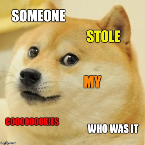 Doge Meme | SOMEONE; STOLE; MY; COOOOOOOKIES; WHO WAS IT | image tagged in memes,doge | made w/ Imgflip meme maker