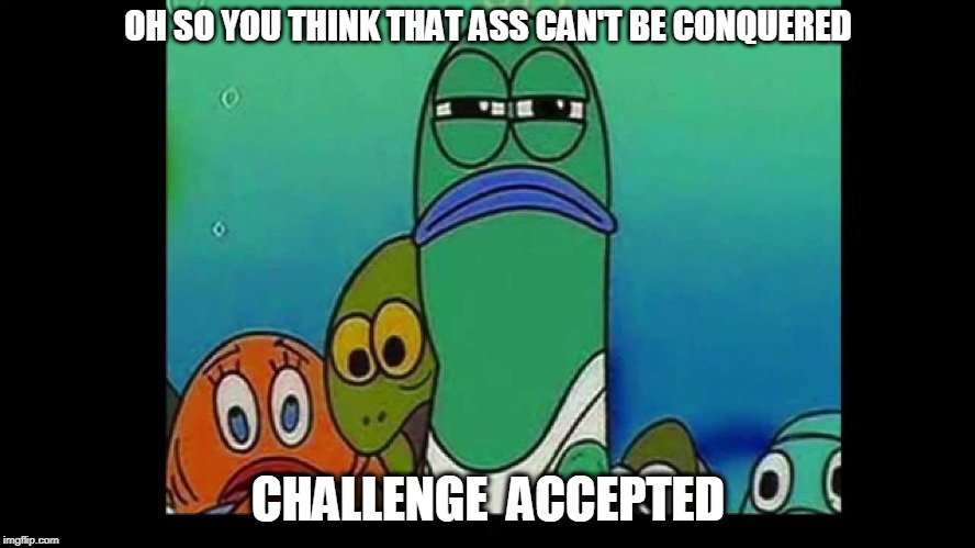 challenge accepted | OH SO YOU THINK THAT ASS CAN'T BE CONQUERED; CHALLENGE  ACCEPTED | image tagged in fish,spongebob,challenge,accepted | made w/ Imgflip meme maker