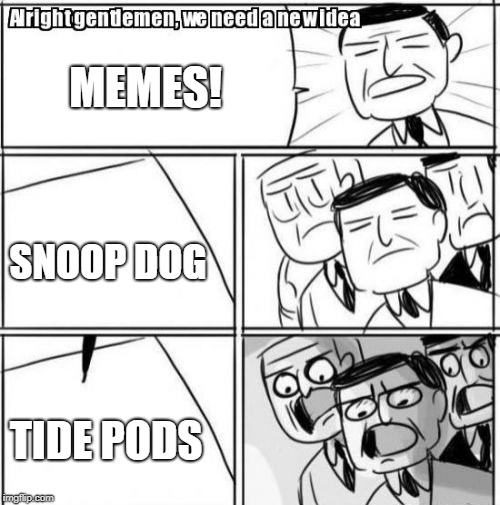 Alright Gentlemen We Need A New Idea Meme | MEMES! SNOOP DOG; TIDE PODS | image tagged in memes,alright gentlemen we need a new idea | made w/ Imgflip meme maker