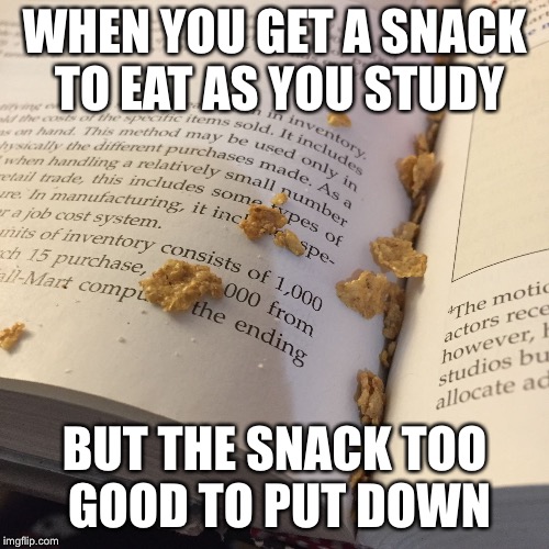 You know the struggle  | WHEN YOU GET A SNACK TO EAT AS YOU STUDY; BUT THE SNACK TOO GOOD TO PUT DOWN | image tagged in dirty textbook,study,snack,messy | made w/ Imgflip meme maker