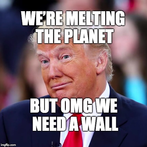 We're melting the planet but OMG we need a wall. | WE’RE MELTING THE PLANET; BUT OMG WE NEED A WALL | image tagged in trump,maga,fraud,donald trump | made w/ Imgflip meme maker