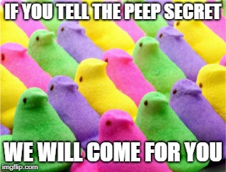 Peep Secret | IF YOU TELL THE PEEP SECRET; WE WILL COME FOR YOU | image tagged in peeps,easter peeps,easter candy,stale peeps,the secret is stale peeps | made w/ Imgflip meme maker