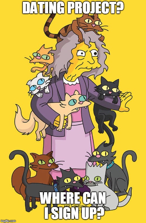 crazy cat lady | DATING PROJECT? WHERE CAN I SIGN UP? | image tagged in crazy cat lady | made w/ Imgflip meme maker
