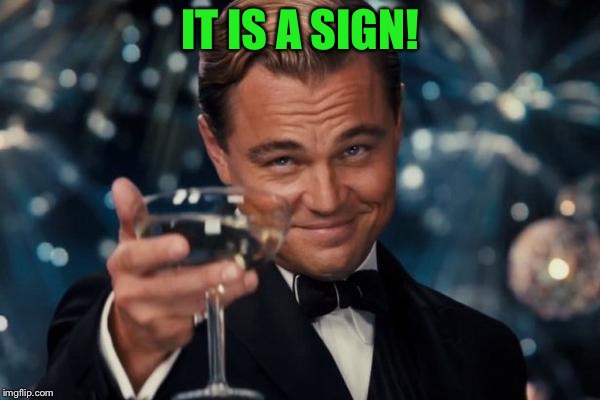 Leonardo Dicaprio Cheers Meme | IT IS A SIGN! | image tagged in memes,leonardo dicaprio cheers | made w/ Imgflip meme maker