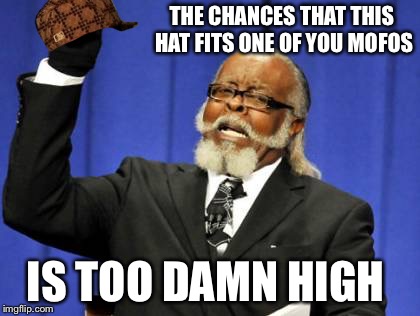 Too Damn High | THE CHANCES THAT THIS HAT FITS ONE OF YOU MOFOS; IS TOO DAMN HIGH | image tagged in memes,too damn high,scumbag | made w/ Imgflip meme maker