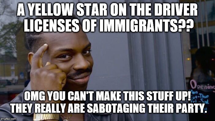 Yellow stars | A YELLOW STAR ON THE DRIVER LICENSES OF IMMIGRANTS?? OMG YOU CAN'T MAKE THIS STUFF UP! THEY REALLY ARE SABOTAGING THEIR PARTY. | image tagged in memes,political meme,anti gop | made w/ Imgflip meme maker