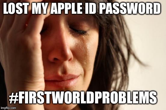 First World Problems | LOST MY APPLE ID PASSWORD; #FIRSTWORLDPROBLEMS | image tagged in memes,first world problems | made w/ Imgflip meme maker