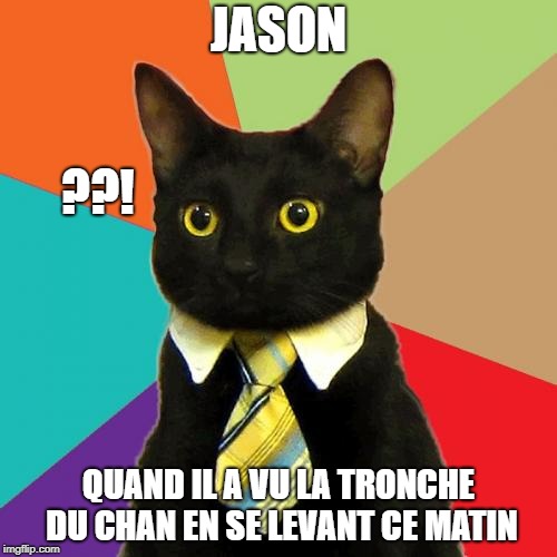 Business Cat Meme | JASON; ??! QUAND IL A VU LA TRONCHE DU CHAN EN SE LEVANT CE MATIN | image tagged in memes,business cat | made w/ Imgflip meme maker