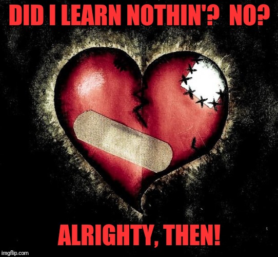 Can't blame it for trying | DID I LEARN NOTHIN'?  NO? ALRIGHTY, THEN! | image tagged in broken heart,memes,heart,broken | made w/ Imgflip meme maker