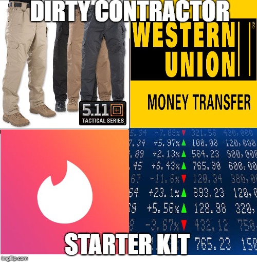 Blank Starter Pack Meme | DIRTY CONTRACTOR; STARTER KIT | image tagged in memes,blank starter pack | made w/ Imgflip meme maker
