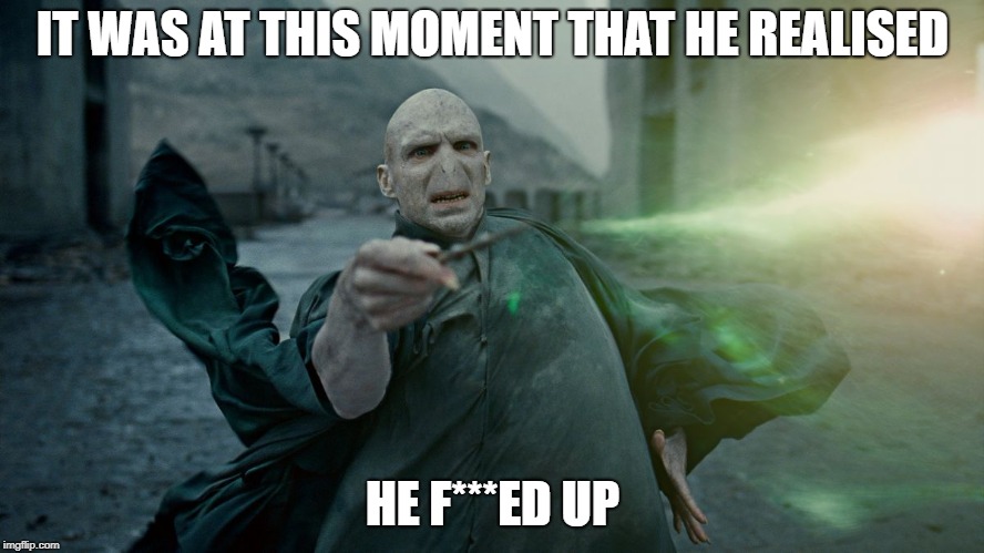 Voldemort reflection | IT WAS AT THIS MOMENT THAT HE REALISED; HE F***ED UP | image tagged in voldemort weight loss,voldemort,magic,villains | made w/ Imgflip meme maker