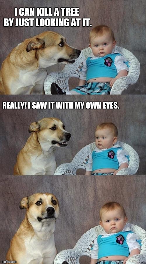 Dad Joke Dog | I CAN KILL A TREE BY JUST LOOKING AT IT. REALLY! I SAW IT WITH MY OWN EYES. | image tagged in memes,dad joke dog,cute | made w/ Imgflip meme maker