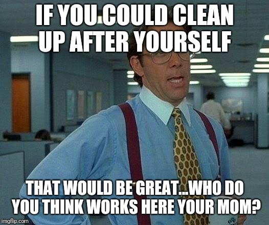 Work meme fun | IF YOU COULD CLEAN UP AFTER YOURSELF; THAT WOULD BE GREAT...WHO DO YOU THINK WORKS HERE YOUR MOM? | image tagged in memes,that would be great | made w/ Imgflip meme maker