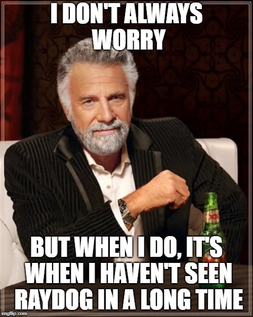 The Most Interesting Man In The World Meme | I DON'T ALWAYS WORRY; BUT WHEN I DO, IT'S WHEN I HAVEN'T SEEN RAYDOG IN A LONG TIME | image tagged in memes,the most interesting man in the world | made w/ Imgflip meme maker