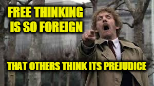 Free Thinkers | FREE THINKING IS SO FOREIGN; THAT OTHERS THINK ITS PREJUDICE | image tagged in 1984,orwellian,covid ww3,free thinking,liberalism,climate change | made w/ Imgflip meme maker