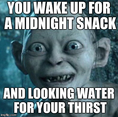 Gollum | YOU WAKE UP FOR A MIDNIGHT SNACK; AND LOOKING WATER FOR YOUR THIRST | image tagged in memes,gollum | made w/ Imgflip meme maker