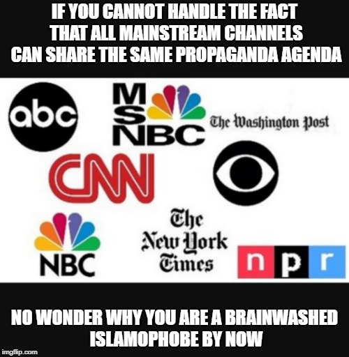 Media lies | IF YOU CANNOT HANDLE THE FACT THAT ALL MAINSTREAM CHANNELS CAN SHARE THE SAME PROPAGANDA AGENDA; NO WONDER WHY YOU ARE A BRAINWASHED ISLAMOPHOBE BY NOW | image tagged in media lies | made w/ Imgflip meme maker