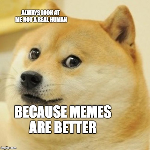 Doge | ALWAYS LOOK AT  ME NOT A REAL HUMAN; BECAUSE MEMES ARE BETTER | image tagged in memes,doge | made w/ Imgflip meme maker