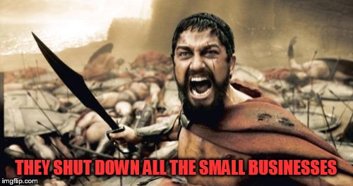 Sparta Leonidas Meme | THEY SHUT DOWN ALL THE SMALL BUSINESSES | image tagged in memes,sparta leonidas | made w/ Imgflip meme maker