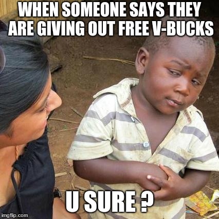 Third World Skeptical Kid Meme | WHEN SOMEONE SAYS THEY ARE GIVING OUT FREE V-BUCKS; U SURE ? | image tagged in memes,third world skeptical kid | made w/ Imgflip meme maker