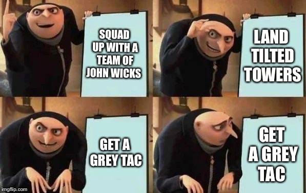 Gru's Plan | SQUAD UP WITH A TEAM OF JOHN WICKS; LAND TILTED TOWERS; GET A GREY TAC; GET A GREY TAC | image tagged in gru's plan | made w/ Imgflip meme maker