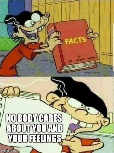 Double d facts book  | NO BODY CARES ABOUT YOU AND YOUR FEELINGS | image tagged in double d facts book | made w/ Imgflip meme maker