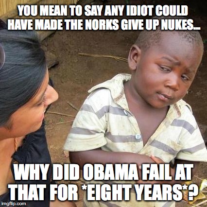 Deny this reality all you want, but you will still be wrong.  | YOU MEAN TO SAY ANY IDIOT COULD HAVE MADE THE NORKS GIVE UP NUKES... WHY DID OBAMA FAIL AT THAT FOR *EIGHT YEARS*? | image tagged in 2018,north korea,nukes,president trump | made w/ Imgflip meme maker