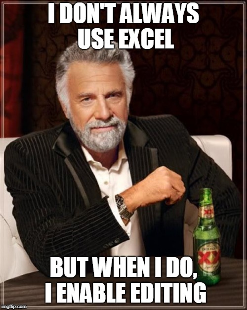 The Most Interesting Man In The World Meme | I DON'T ALWAYS USE EXCEL; BUT WHEN I DO, I ENABLE EDITING | image tagged in memes,the most interesting man in the world | made w/ Imgflip meme maker
