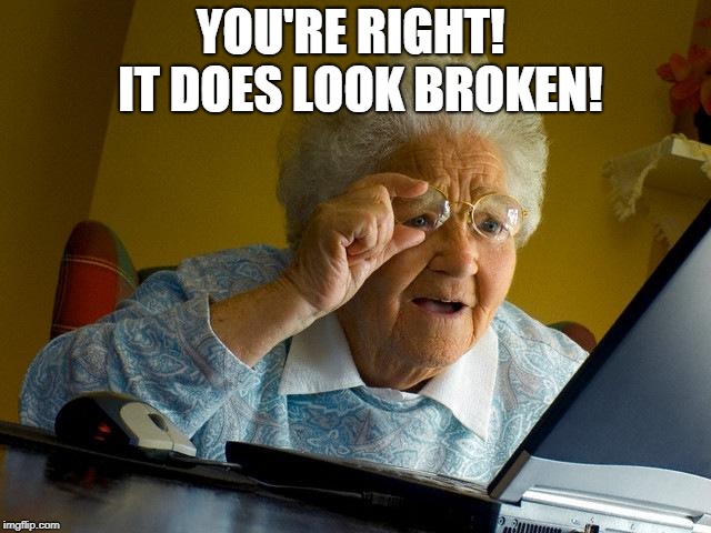 Grandma Finds The Internet Meme | YOU'RE RIGHT!  IT DOES LOOK BROKEN! | image tagged in memes,grandma finds the internet | made w/ Imgflip meme maker