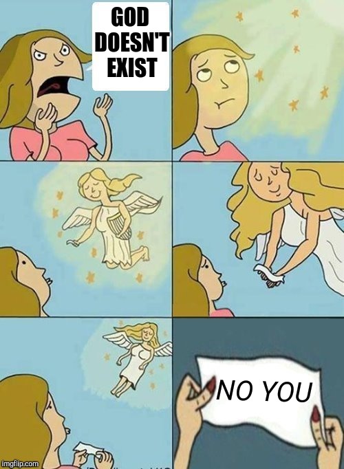 Message from heaven | GOD DOESN'T EXIST; NO YOU | image tagged in we don't care | made w/ Imgflip meme maker
