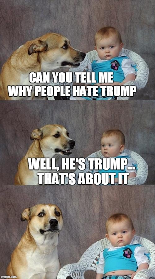 Dad Joke Dog | CAN YOU TELL ME WHY PEOPLE HATE TRUMP; WELL, HE'S TRUMP... THAT'S ABOUT IT | image tagged in memes,dad joke dog | made w/ Imgflip meme maker
